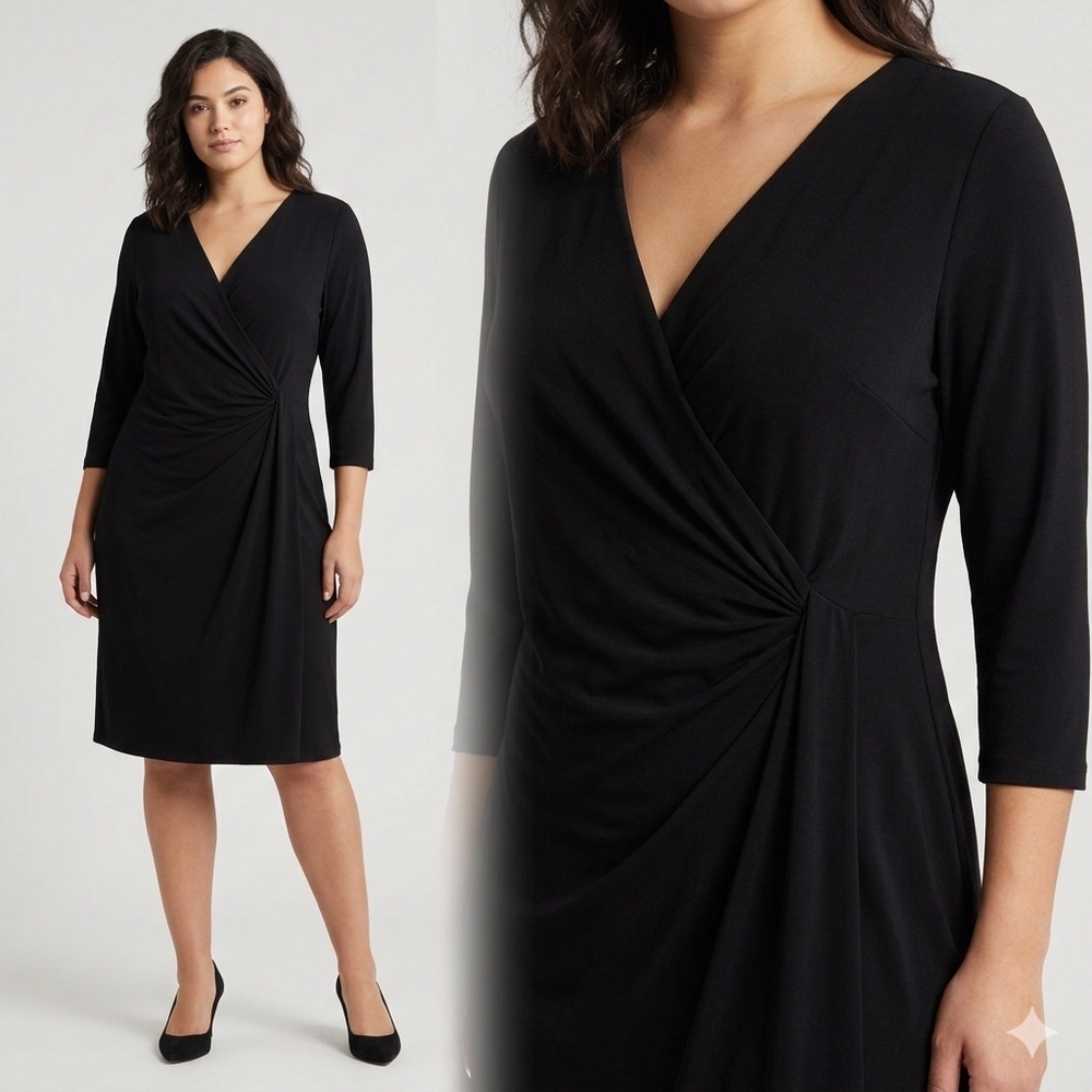 Coldwater Creek Black Wrap Design Midi Dress Size 16